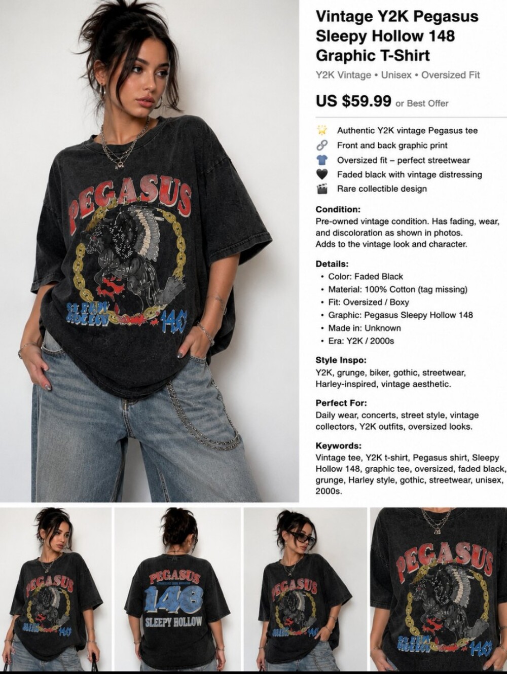 Y2K Rare Vintage Black Tee with Red, Blue & Gold Pegasus Graphic